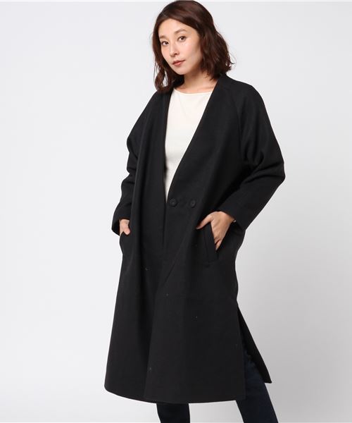 earth music&ecology（アースミュージックアンドエコロジー）の「・サイドスリットロングコート（ノーカラージャケット・レディース・ネイビー/グレー/サックスブルー/キャメル・FREE）」の15枚目の写真