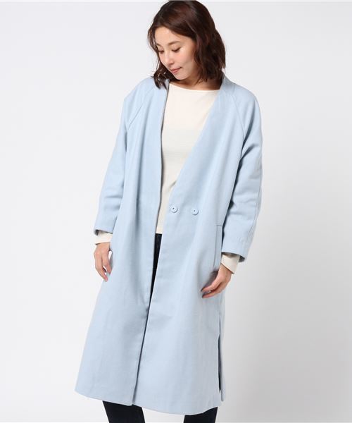 earth music&ecology（アースミュージックアンドエコロジー）の「・サイドスリットロングコート（ノーカラージャケット・レディース・ネイビー/グレー/サックスブルー/キャメル・FREE）」の16枚目の写真