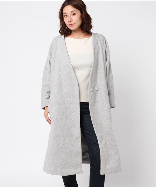 earth music&ecology（アースミュージックアンドエコロジー）の「・サイドスリットロングコート（ノーカラージャケット・レディース・ネイビー/グレー/サックスブルー/キャメル・FREE）」の8枚目の写真