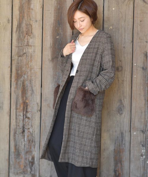 rps（アールピーエス）の「ポケットファーグレンチェックノーカラーコート（その他アウター・レディース・チャコールグレー/ブラック/ブラウン・M）」の3枚目の写真