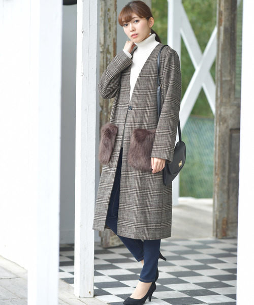 rps（アールピーエス）の「ポケットファーグレンチェックノーカラーコート（その他アウター・レディース・チャコールグレー/ブラック/ブラウン・M）」の18枚目の写真