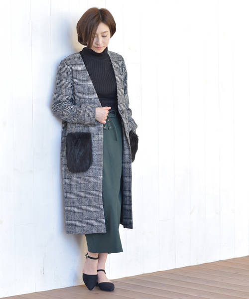 rps（アールピーエス）の「ポケットファーグレンチェックノーカラーコート（その他アウター・レディース・チャコールグレー/ブラック/ブラウン・M）」の9枚目の写真