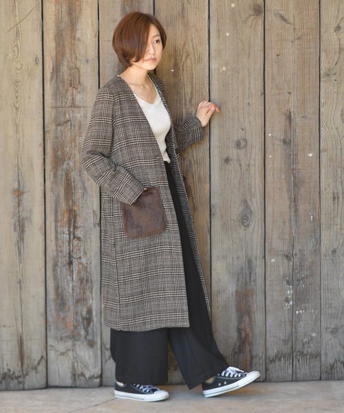 rps（アールピーエス）の「ポケットファーグレンチェックノーカラーコート（その他アウター・レディース・チャコールグレー/ブラック/ブラウン・M）」の8枚目の写真