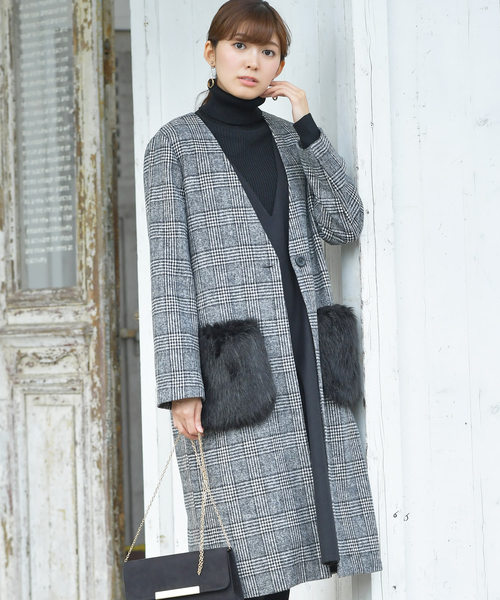 rps（アールピーエス）の「ポケットファーグレンチェックノーカラーコート（その他アウター・レディース・チャコールグレー/ブラック/ブラウン・M）」の6枚目の写真