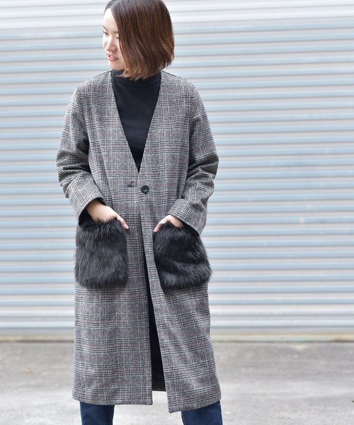 rps（アールピーエス）の「ポケットファーグレンチェックノーカラーコート（その他アウター・レディース・チャコールグレー/ブラック/ブラウン・M）」の5枚目の写真