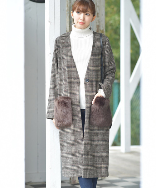 rps（アールピーエス）の「ポケットファーグレンチェックノーカラーコート（その他アウター・レディース・チャコールグレー/ブラック/ブラウン・M）」の4枚目の写真