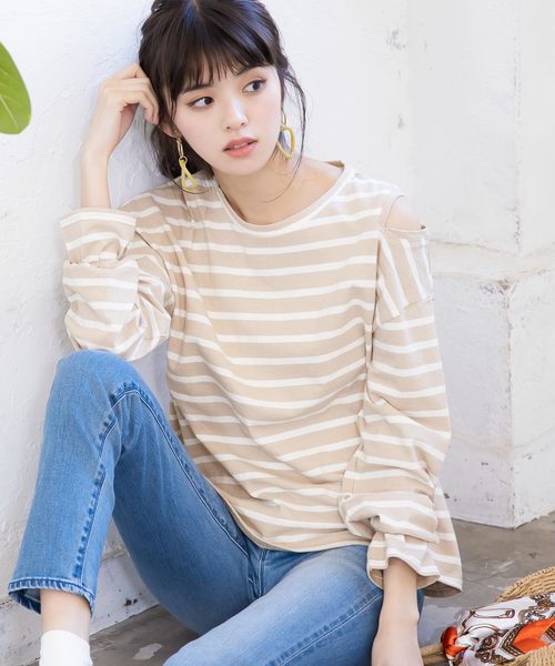 KOBE LETTUCE（コウベレタス）の「ボーダー柄・無地アシメ肩スリットプルオーバートップス（Tシャツ/カットソー・レディース・ブラック/オフホワイト/ピンク/ベージュ系その他・FREE）」の3枚目の写真