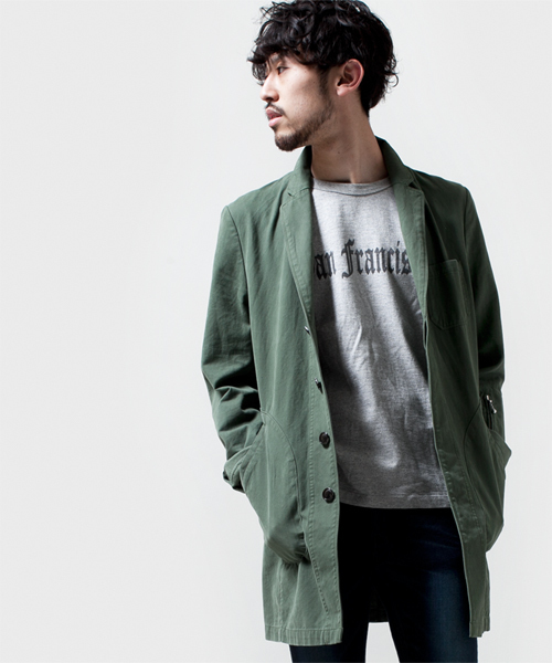 NANO universe（ナノユニバース）の「製品染ヘリンボンショップコート（ステンカラーコート・メンズ・ネイビー/オリーブ/ブルー・MEDIUM/SMALL/LARGE）」の2枚目の写真