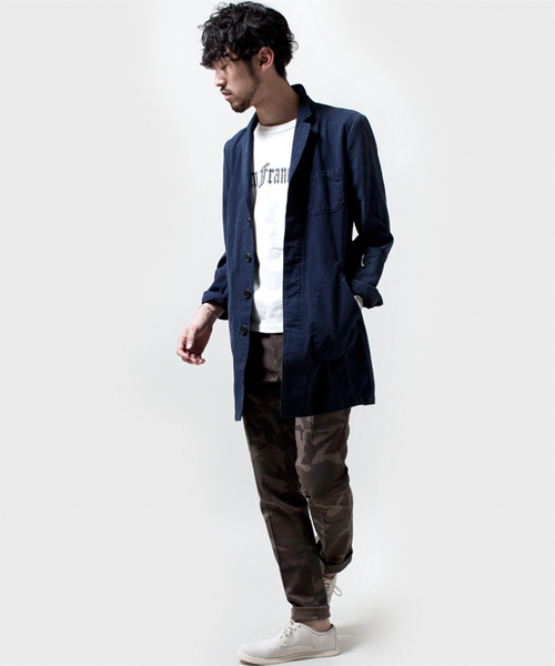 NANO universe（ナノユニバース）の「製品染ヘリンボンショップコート（ステンカラーコート・メンズ・ネイビー/オリーブ/ブルー・MEDIUM/SMALL/LARGE）」の4枚目の写真