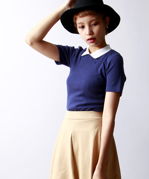 WEGO(ウィゴー)の「WEGO/襟付き5分袖Tシャツ(Tシャツ/カットソー・レディース・オフホワイト/ブラック/ネイビー/ワイン・FREE)」の4枚目の写真