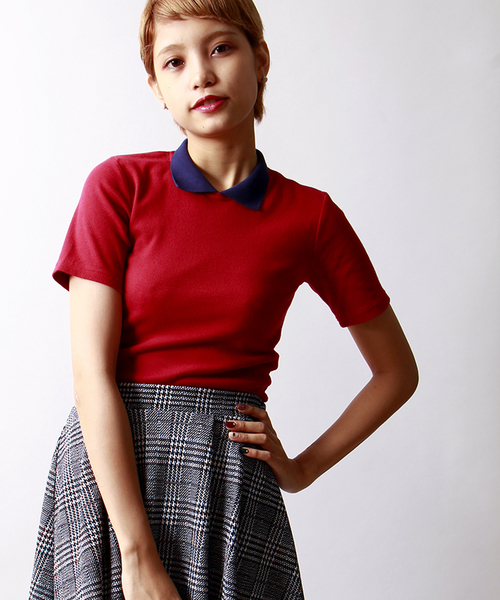 WEGO(ウィゴー)の「WEGO/襟付き5分袖Tシャツ(Tシャツ/カットソー・レディース・オフホワイト/ブラック/ネイビー/ワイン・FREE)」の1枚目の写真