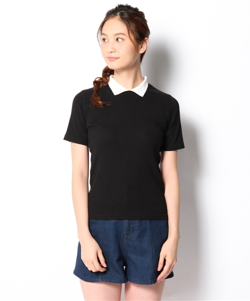 WEGO(ウィゴー)の「WEGO/襟付き5分袖Tシャツ(Tシャツ/カットソー・レディース・オフホワイト/ブラック/ネイビー/ワイン・FREE)」の6枚目の写真