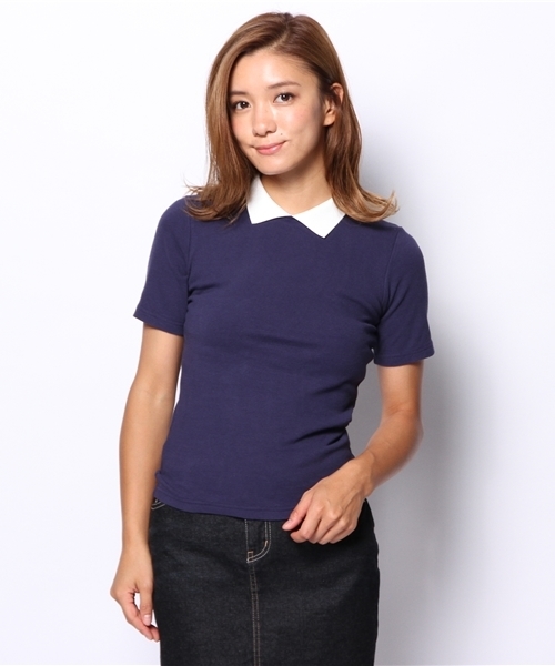 WEGO(ウィゴー)の「WEGO/襟付き5分袖Tシャツ(Tシャツ/カットソー・レディース・オフホワイト/ブラック/ネイビー/ワイン・FREE)」の7枚目の写真