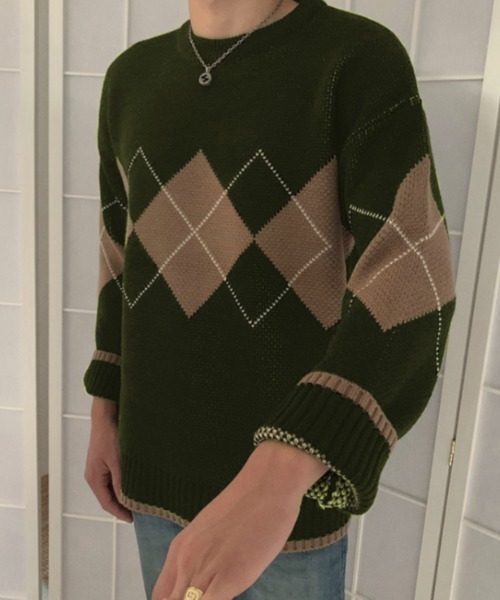 emi+(エミプラス)の「アーガイル柄 ニットプルオーバー(ニット/セーター・レディース・ブラック/ライトグリーン/カーキ/ネイビー/グレー・FREE)」の4枚目の写真