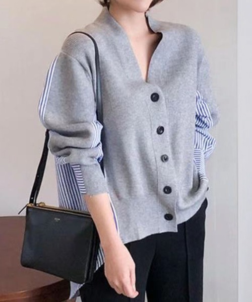 セール Lowo ストライプシャツドッキングビックシルエットミドル丈ニットカーディガン カーディガン ボレロ Girl ガール のファッション通販 Zozotown
