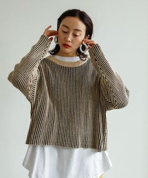 Birthday room | ショート丈バイカラーあぜ編みニット/ストライプニット/クルーネック/スリーブニット/やわらかニット(ニット/セーター)