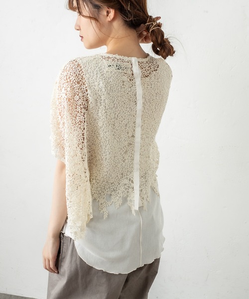 PUAL CE CIN(ピュアルセシン)の「ケミカル両耳レースブラウス(シャツ/ブラウス・レディース・アイボリー/ブラック・FREE)」の4枚目の写真