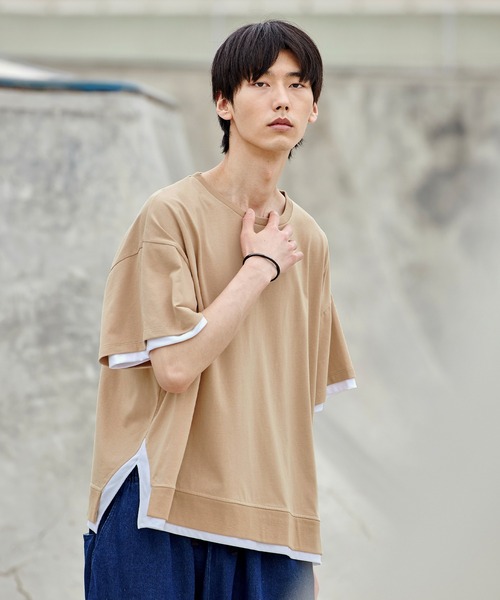 act'm（アクトム）の「フェイクレイヤード オーバーサイズ クルーネック半袖カットソー（Tシャツ/カットソー・メンズ・ブラック/ベージュ・S/M/L）」の4枚目の写真