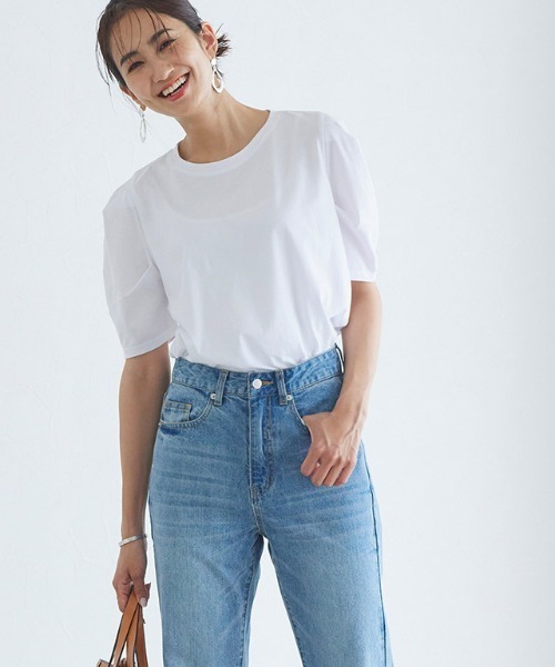 Pierrot(ピエロ)の「コットンパフスリーブTシャツ 綿100%(Tシャツ/カットソー・レディース・グレイッシュベージュ/オフホワイト/ブラック/ミント・M/L)」の2枚目の写真
