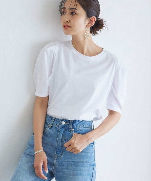 Pierrot(ピエロ)の「コットンパフスリーブTシャツ 綿100%(Tシャツ/カットソー・レディース・グレイッシュベージュ/オフホワイト/ブラック/ミント・M/L)」の18枚目の写真