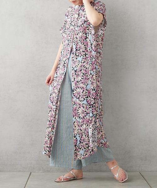 イアパピヨネ◎ロングワンピース シャツワンピース 半袖 花柄 総柄 インド綿 イア パピヨネ ear PAPILLONNER 花柄ロングシャツワンピース