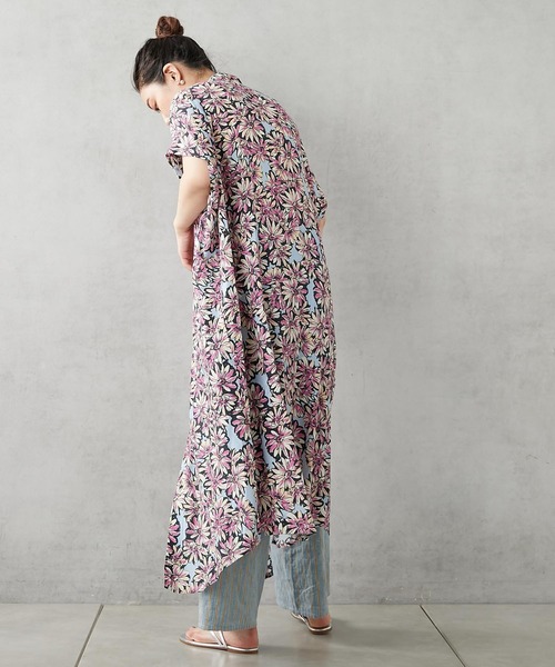 イアパピヨネ◎ロングワンピース シャツワンピース 半袖 花柄 総柄 インド綿 イア パピヨネ ear PAPILLONNER 花柄ロングシャツワンピース