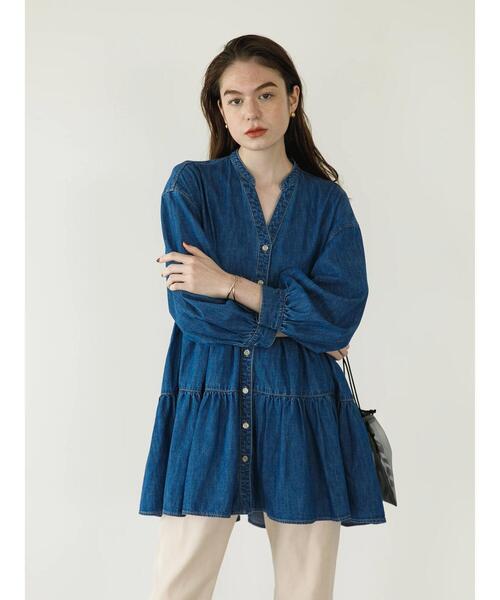koe（コエ）の「デニムティアードワンピース（チュニック・レディース・インディゴブルー/ライトインディゴブルー・FREE）」の4枚目の写真