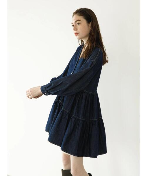 koe（コエ）の「デニムティアードワンピース（チュニック・レディース・インディゴブルー/ライトインディゴブルー・FREE）」の5枚目の写真