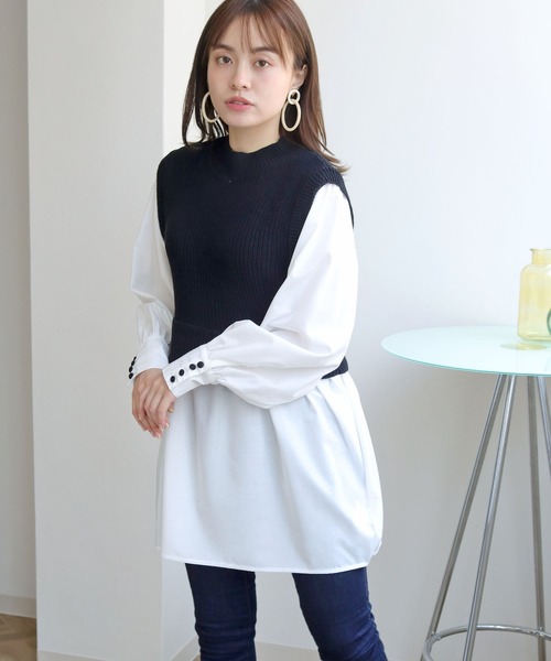 HER CLOSET(ハークローゼット)の「【TwentyThree】ニットベストドッキングシャツ(ベスト・レディース・ブラック/グレー/ダークベージュ/ブルーパープル・FREE)」の9枚目の写真