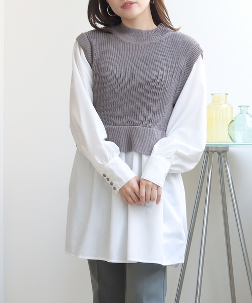 HER CLOSET(ハークローゼット)の「【TwentyThree】ニットベストドッキングシャツ(ベスト・レディース・ブラック/グレー/ダークベージュ/ブルーパープル・FREE)」の11枚目の写真