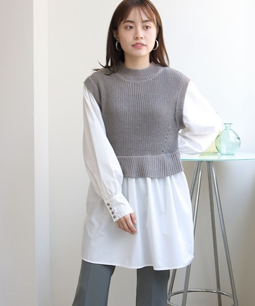 HER CLOSET(ハークローゼット)の「【TwentyThree】ニットベストドッキングシャツ(ベスト・レディース・ブラック/グレー/ダークベージュ/ブルーパープル・FREE)」の10枚目の写真
