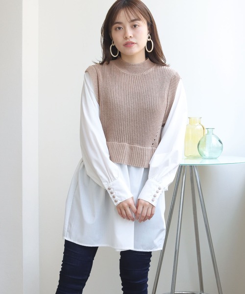HER CLOSET(ハークローゼット)の「【TwentyThree】ニットベストドッキングシャツ(ベスト・レディース・ブラック/グレー/ダークベージュ/ブルーパープル・FREE)」の12枚目の写真