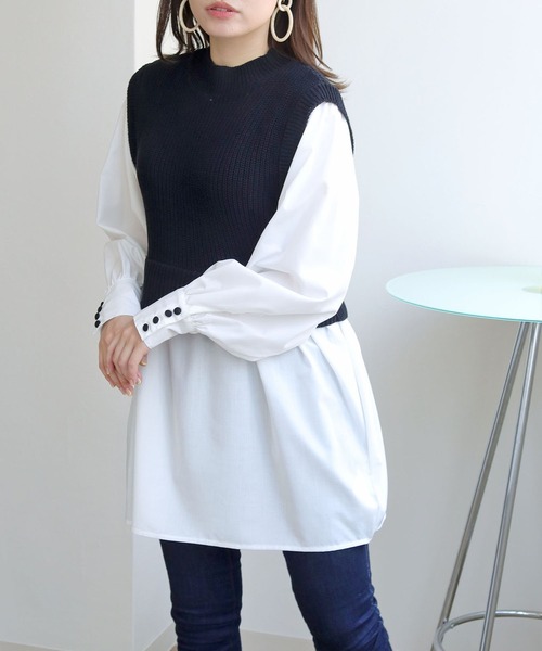 HER CLOSET(ハークローゼット)の「【TwentyThree】ニットベストドッキングシャツ(ベスト・レディース・ブラック/グレー/ダークベージュ/ブルーパープル・FREE)」の18枚目の写真