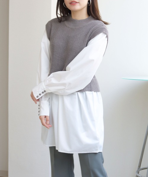 HER CLOSET(ハークローゼット)の「【TwentyThree】ニットベストドッキングシャツ(ベスト・レディース・ブラック/グレー/ダークベージュ/ブルーパープル・FREE)」の21枚目の写真