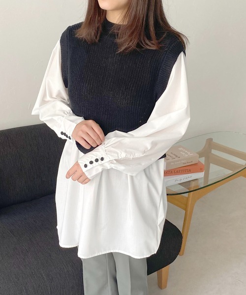HER CLOSET(ハークローゼット)の「【TwentyThree】ニットベストドッキングシャツ(ベスト・レディース・ブラック/グレー/ダークベージュ/ブルーパープル・FREE)」の15枚目の写真