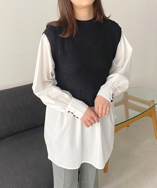 HER CLOSET(ハークローゼット)の「【TwentyThree】ニットベストドッキングシャツ(ベスト・レディース・ブラック/グレー/ダークベージュ/ブルーパープル・FREE)」の16枚目の写真