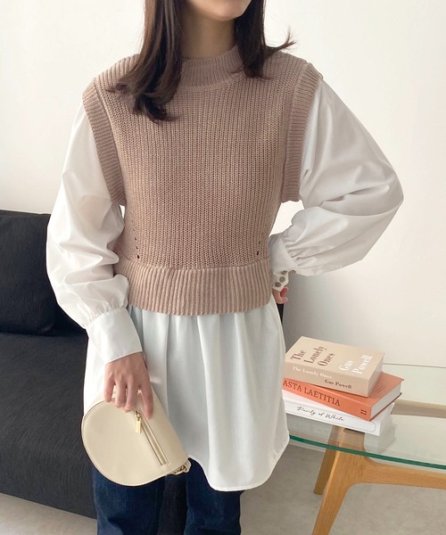 HER CLOSET(ハークローゼット)の「【TwentyThree】ニットベストドッキングシャツ(ベスト・レディース・ブラック/グレー/ダークベージュ/ブルーパープル・FREE)」の22枚目の写真