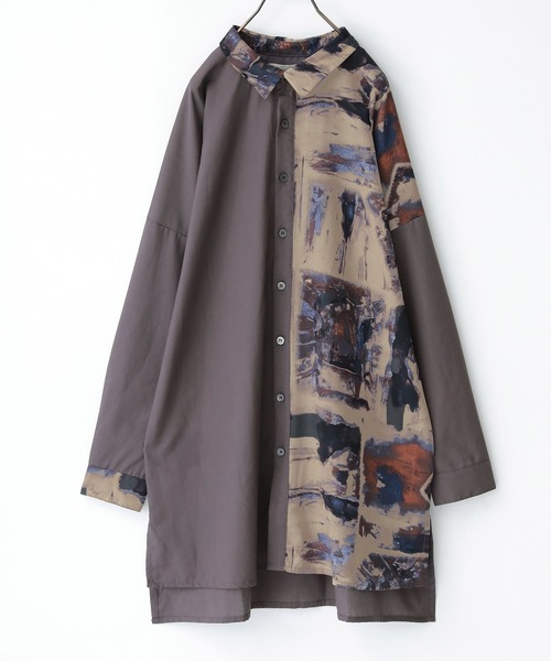 n'OrLABEL（ノアールレーベル）の「『アート柄アシメロングシャツ』（シャツ/ブラウス・レディース・ベージュ/グレー・1/2）」の11枚目の写真