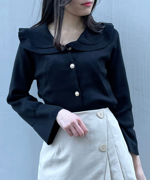 titty＆Co. PETIT（ティティアンドコープティ）の「【titty&Co.PETIT】SSフリルカラーニットカーデトップス（ニット/セーター・レディース・ホワイト/ピンク/ブラック・FREE）」の3枚目の写真