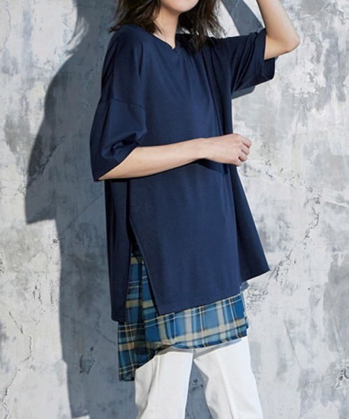 RANAN（ラナン）の「チェック柄異素材使いチュニック（Tシャツ/カットソー・レディース・ネイビー/グリーン/ブラック系1/ブラック系2/ブラック系3・LL/M/L）」の5枚目の写真