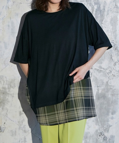 RANAN（ラナン）の「チェック柄異素材使いチュニック（Tシャツ/カットソー・レディース・ネイビー/グリーン/ブラック系1/ブラック系2/ブラック系3・LL/M/L）」の9枚目の写真