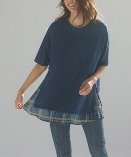RANAN（ラナン）の「チェック柄異素材使いチュニック（Tシャツ/カットソー・レディース・ネイビー/グリーン/ブラック系1/ブラック系2/ブラック系3・LL/M/L）」の14枚目の写真