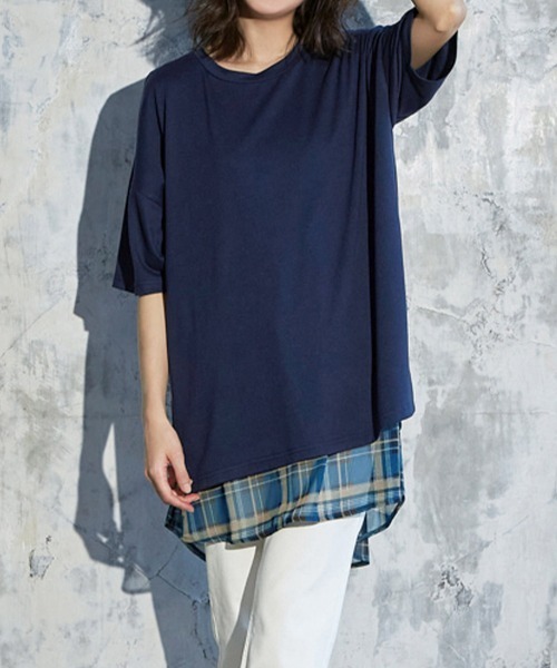 RANAN（ラナン）の「チェック柄異素材使いチュニック（Tシャツ/カットソー・レディース・ネイビー/グリーン/ブラック系1/ブラック系2/ブラック系3・LL/M/L）」の15枚目の写真