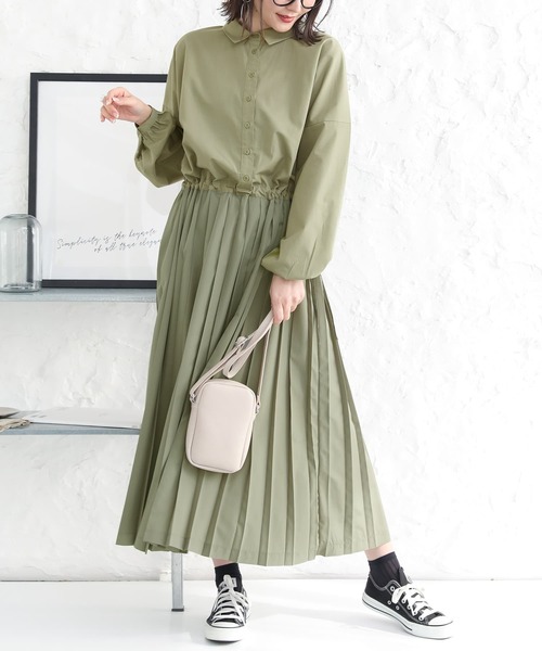 osharewalker（オシャレウォーカー）の「【廃盤】『ウエスト切替プリーツワンピース』（ワンピース・レディース・ブラック/ベージュ/グリーン・FREE）」の3枚目の写真