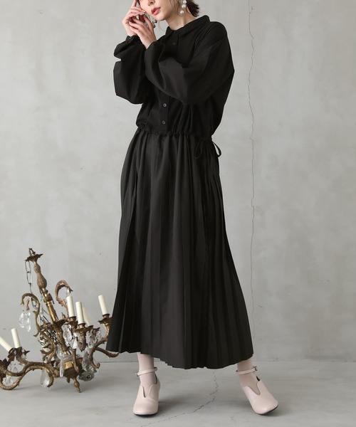 osharewalker（オシャレウォーカー）の「【廃盤】『ウエスト切替プリーツワンピース』（ワンピース・レディース・ブラック/ベージュ/グリーン・FREE）」の2枚目の写真