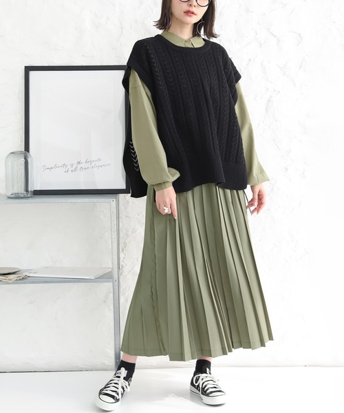 osharewalker（オシャレウォーカー）の「【廃盤】『ウエスト切替プリーツワンピース』（ワンピース・レディース・ブラック/ベージュ/グリーン・FREE）」の4枚目の写真