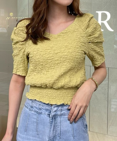 LIPSERVICE(リップサービス)の「ホイップカットトップス(Tシャツ/カットソー・レディース・ブルー/アイボリー/モカ/イエロー×グリーン・FREE)」の1枚目の写真