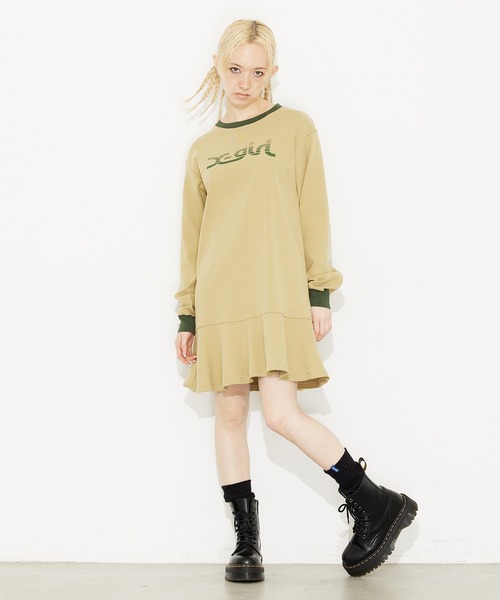 X-girl(エックスガール)の「SLICE MILLS LOGO L/S TEE DRESS/ミニ リンガー Tシャツワンピース(ワンピース・レディース・ブラック/ベージュ/バーガンディー・S/M)」の3枚目の写真
