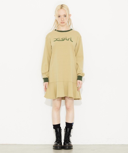 X-girl(エックスガール)の「SLICE MILLS LOGO L/S TEE DRESS/ミニ リンガー Tシャツワンピース(ワンピース・レディース・ブラック/ベージュ/バーガンディー・S/M)」の4枚目の写真