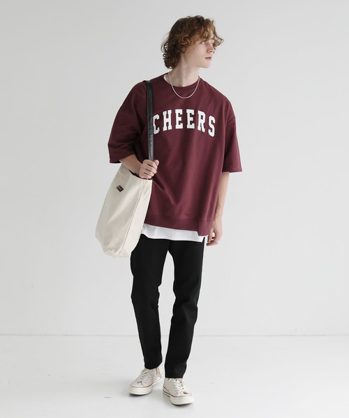 ETELIO（エテリオ）の「ビッグシルエットアーチロゴ裾切替5分袖スウェット（スウェット・メンズ・ホワイト/ブルー/マスタード/ワイン・S/M/L）」の8枚目の写真